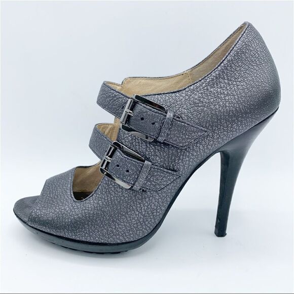 Michael Kors‎ Webster Peep Toe Platform Metallic Pewter Pebbled Leather - Picture 2 of 12